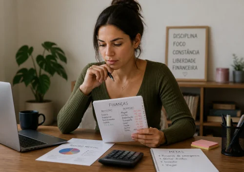 Mulher analisando as próprias finanças